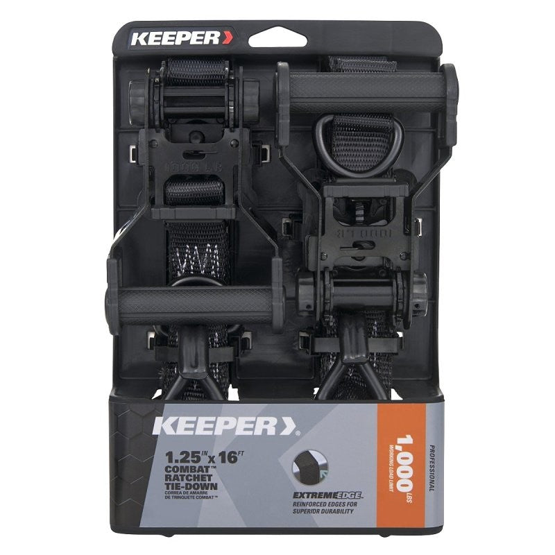 Keeper 85450 Tie-Down, Ratchet Adjustment, 1-1/4 in W, 16 ft L, Black, 1000 lb Working Load, J-Hook End, 2/PK