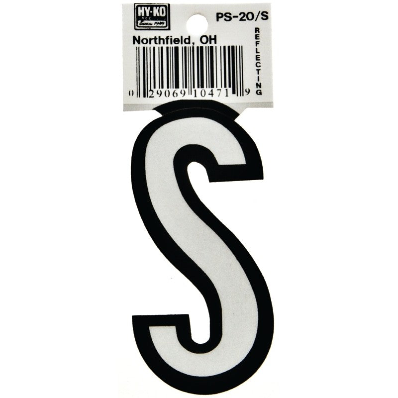 Hy-Ko PS-20/S Reflective Letter, Character: S, 3-1/4 in H Character, Black/White Character, Vinyl (Pack of 10)