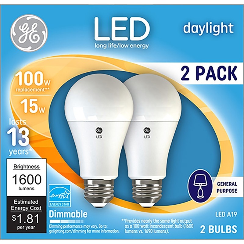 GE 93127672 Light Bulb, A19 Lamp, 100 W Equivalent, Medium Lamp Base, Dimmable, Daylight, 5000 K Color Temp