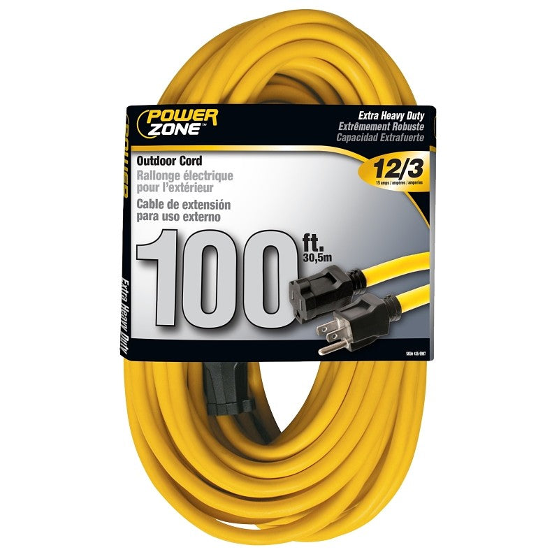 PowerZone OR500835 Extension Cord, 12 AWG Cable, 100 ft L, 125 V, Yellow