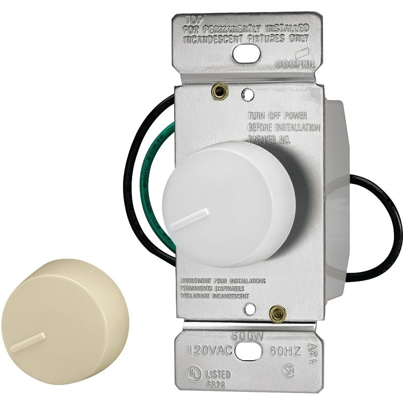 Eaton Wiring Devices RI06P-VW-K2 Rotary Dimmer, 120 V, 600 W, Halogen, Incandescent Lamp, 3-Way, Ivory/White