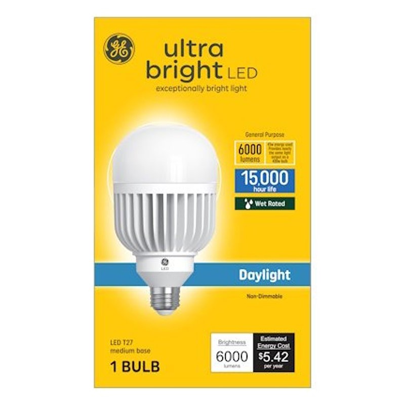 GE 93130928 LED Light Bulb, Ultra-Bright, T27 Lamp, 400 W Equivalent, E26 Medium Lamp Base, Non-Dimmable, Daylight