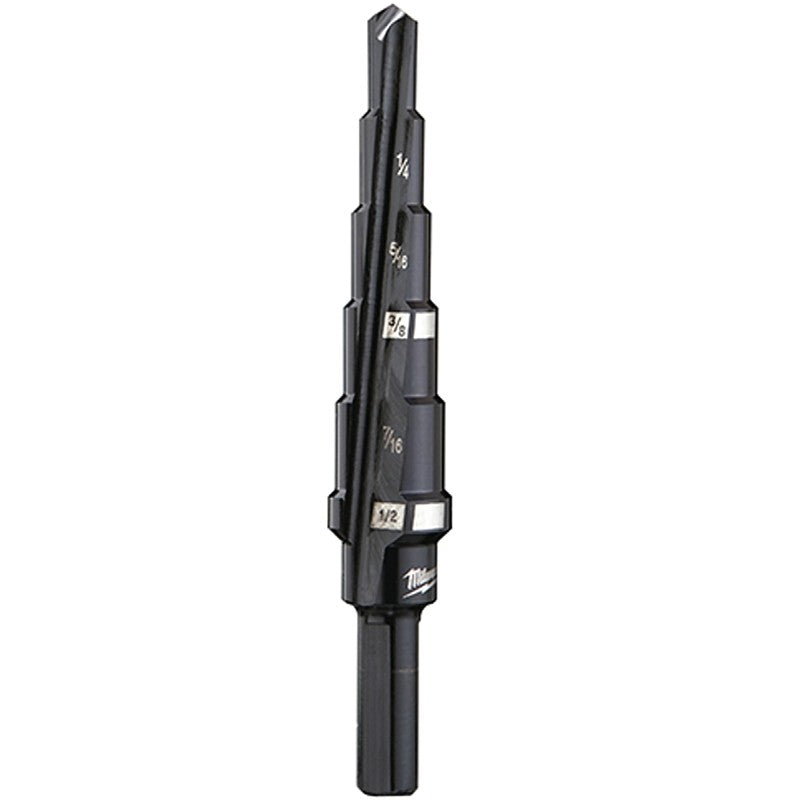 Milwaukee 48-89-9202 Step Drill Bit, 3/16 to 1/2 in Dia, 3-5/64 in OAL, 2-Flute, 1/4 in Dia Shank, Flat Shank