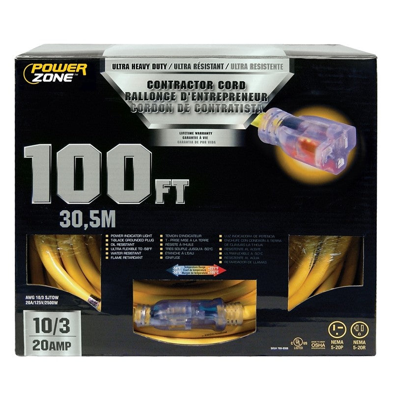 PowerZone ORP711935 Contractor Cord, 10 AWG Cable, 100 L, 20 A, 125 V, Yellow