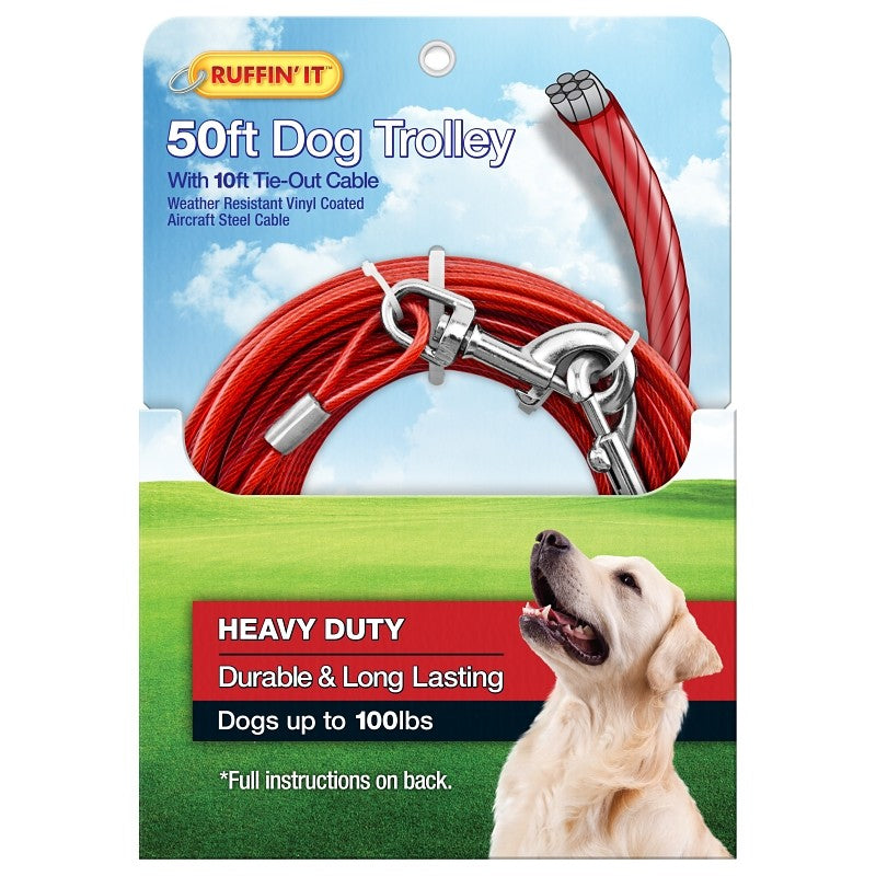 Ruffin'It 29450 Tie-Out Cable with Dog Trolley, Swivel Snap End, 10 ft, Steel, Red, For: Dogs up to 100 lb