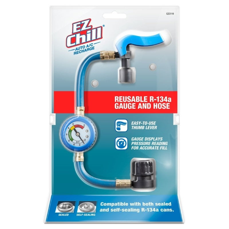 EZ Chill EZC110-4 Gauge and Hose, Reusable, Blue, For: R-134a Sealed and Self-Sealing Cans
