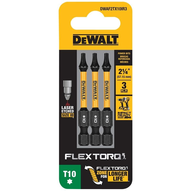 DEWALT FlexTorq DWAF2TX10IR3 Impact Screwdriver Bit, T10 Drive, Torx Drive, 1/4 in Shank, Hex Shank, 2-1/4 in L, Steel