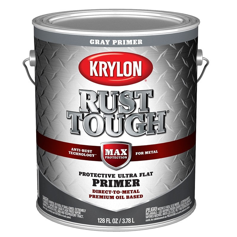 Krylon Rust Tough K09765008 Primer, Ultra Flat, Gray, 1 gal (Pack of 4)