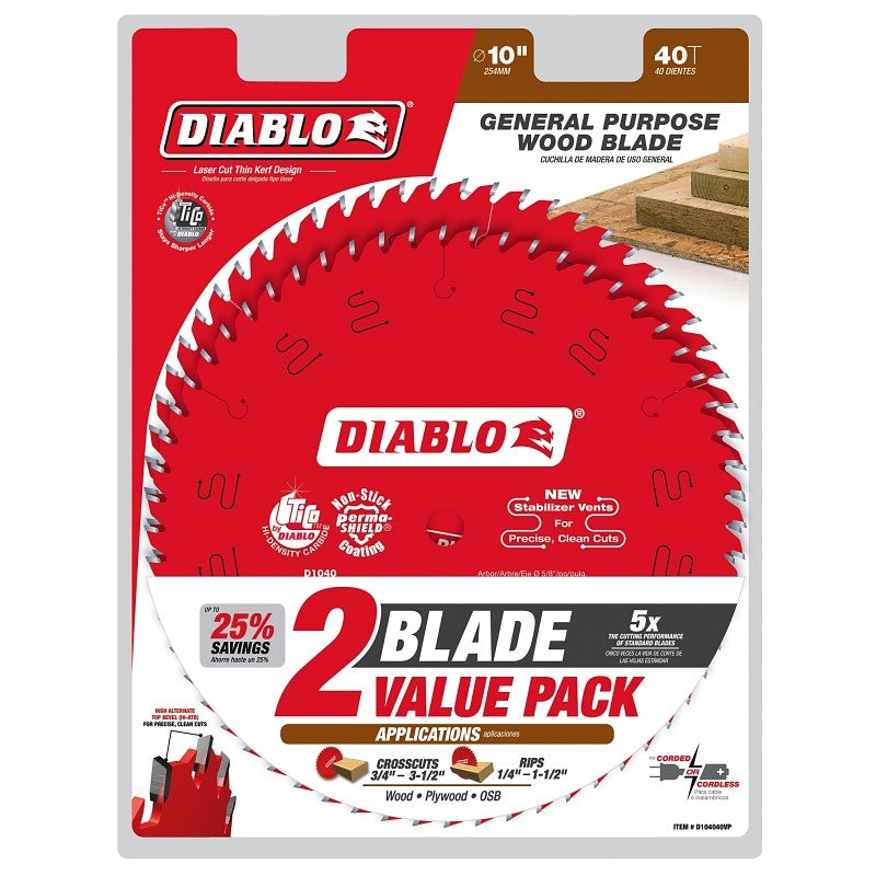 Diablo D104040VP Saw Blade, 10 in Dia, 40-Teeth