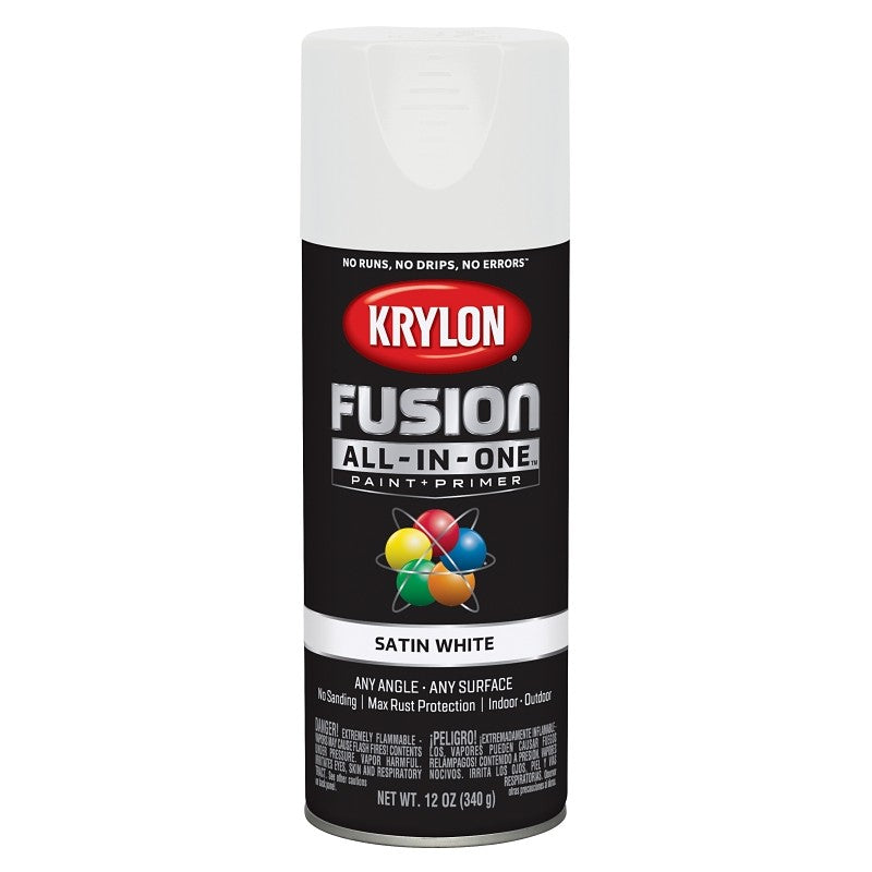 Krylon K02753007 Spray Paint, 12 oz Can, 25 sq-ft Coverage Area, Acrylic Base, Satin, White, Exterior, Interior