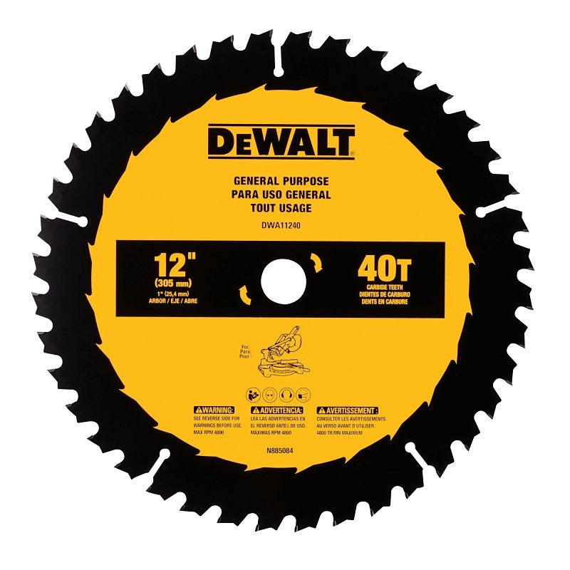DEWALT DWA11240 General-Purpose Circular Saw Blade, 12 in Dia, 1 in Arbor, 40-Teeth