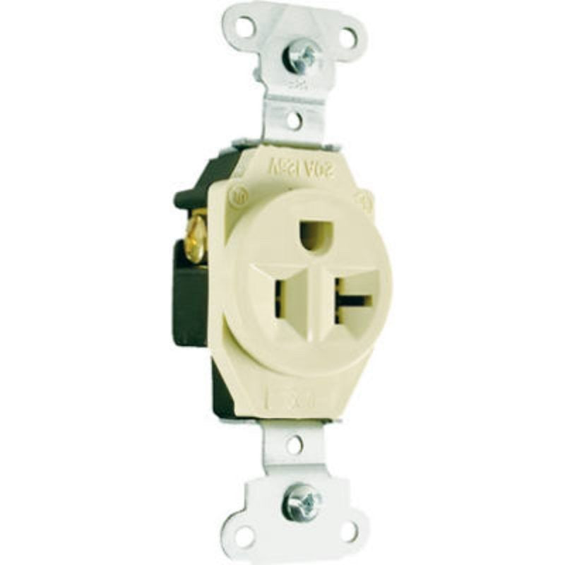 Legrand 5351ICC8 Heavy-Duty Single Receptacle, 2 -Pole, 125 VAC, 20 A, Side Wiring, NEMA: NEMA 5-20R, Ivory