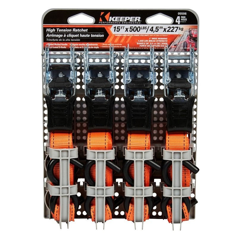 Keeper 05506 Tie-Down, 1 in W, 15 ft L, Polyester, Yellow, 500 lb, S-Hook End Fitting