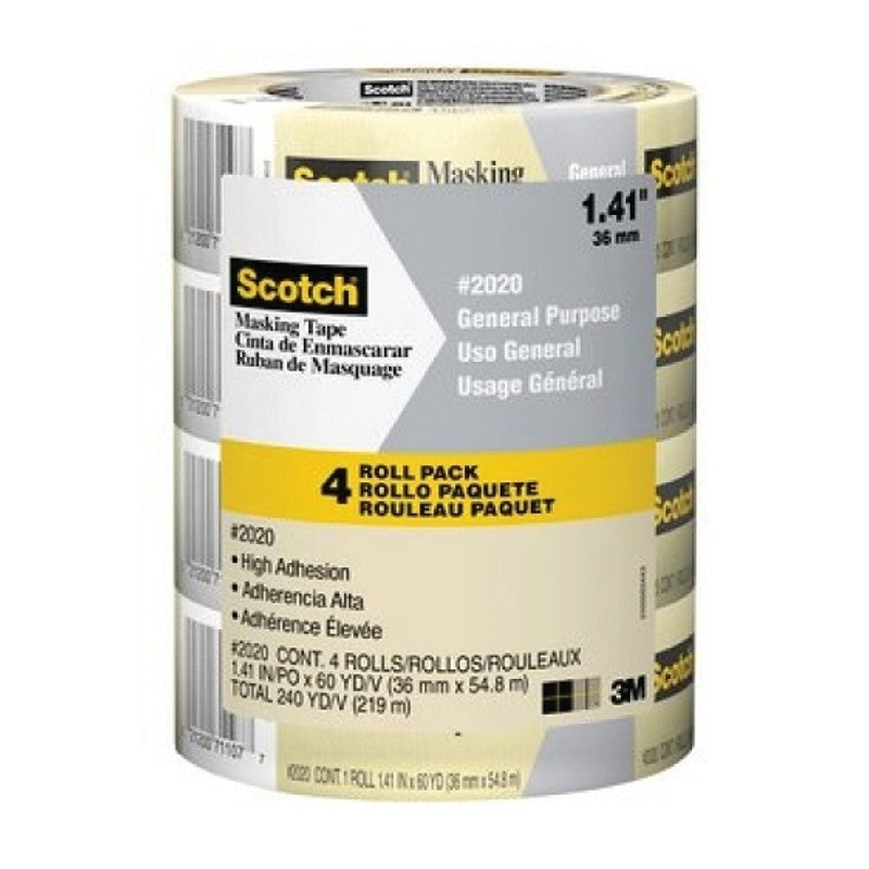 Scotch 2020-36ECP Masking Tape, 60 yd L, 1.4 in W, Crepe Paper Backing, Tan