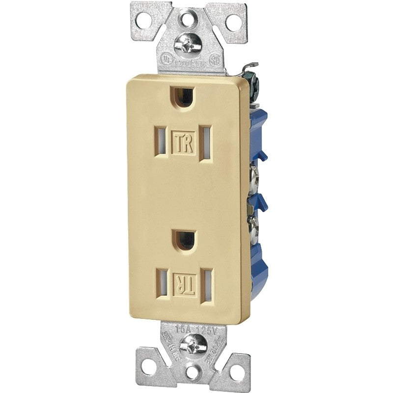 Eaton Wiring Devices TR1107V-BOX Duplex Receptacle, PVC, Ivory, 2-Pole, 15 A, 125 V, Push-in, Side Wiring, NEMA: 5-15R
