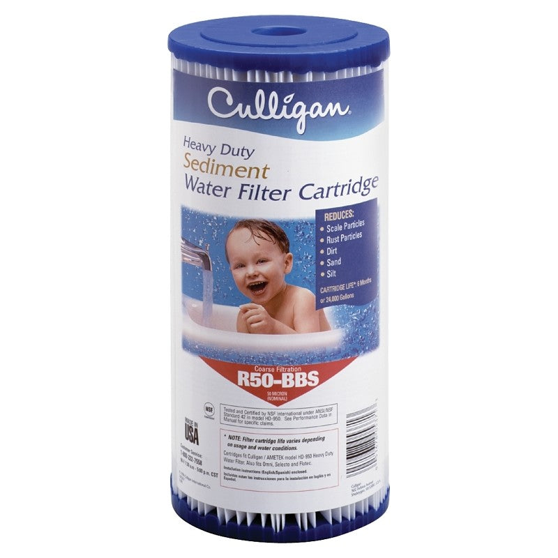Culligan R50-BBSA Filter Cartridge, 50 um Filter, Pleated Polyester Cartridge Filter Media