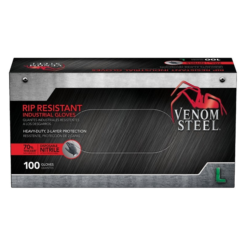 Venom Steel VEN6143N Disposable Gloves, 100 BX, L, Nitrile, Powder-Free, Black, 9-1/2 in L, Beaded Cuff