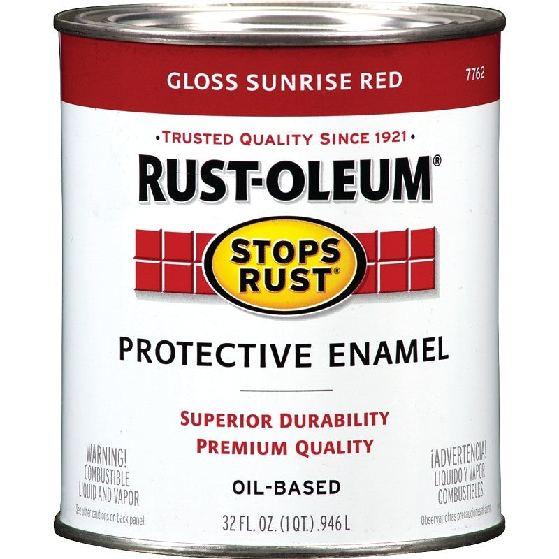 Rust-Oleum Stops Rust 7762502 Enamel Paint, Oil, Gloss, Sunrise Red, 1 qt, Can, 50 to 90 sq-ft/qt Coverage Area