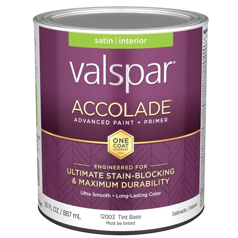 Valspar Accolade 1200 028.0012003.005 Latex Paint, Acrylic Base, Satin, Tint Base, 1 qt, Plastic Can