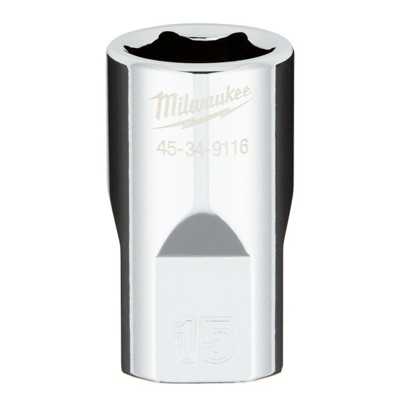 Milwaukee 45-34-9116 Socket, 15 mm Socket, Standard Socket, 1/2 in Drive, 6-Point, Chrome Vanadium Steel, Chrome