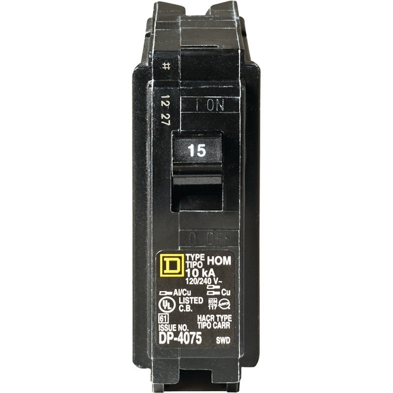 Square D Homeline HOM115C Circuit Breaker, Mini, 15 A, 1 -Pole, 120 V, Plug Mounting, Black