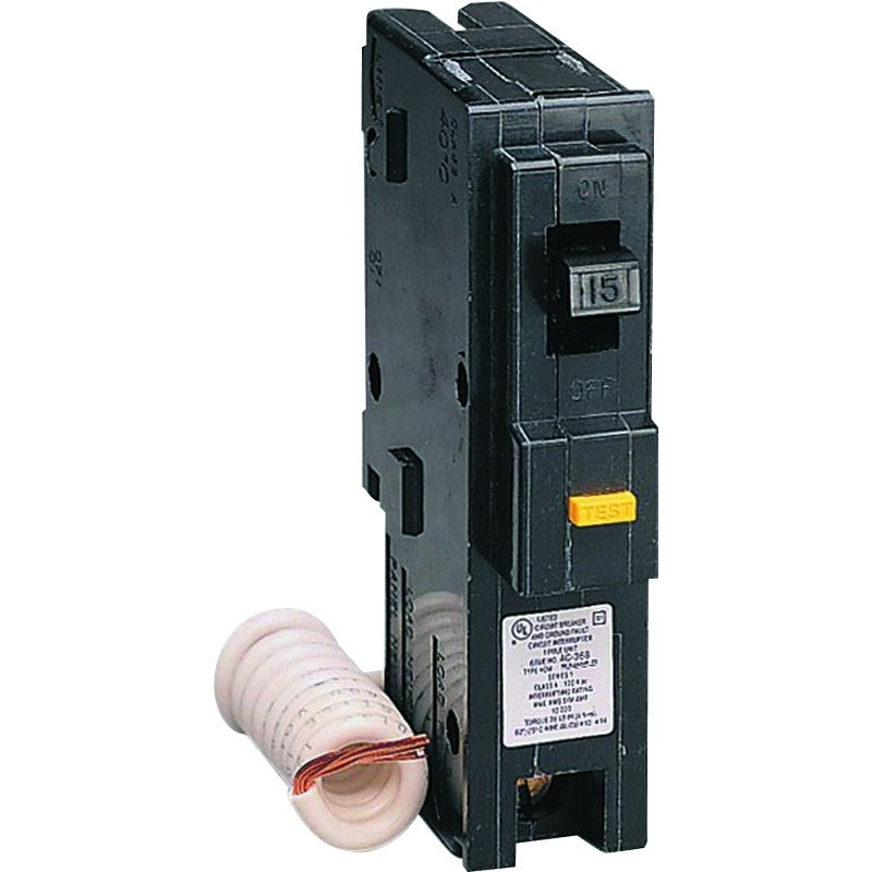 Square D Homeline HOM115GFICP Circuit Breaker, Mini, 15 A, 1-Pole, 120 V, Fixed Trip, Black, Plug