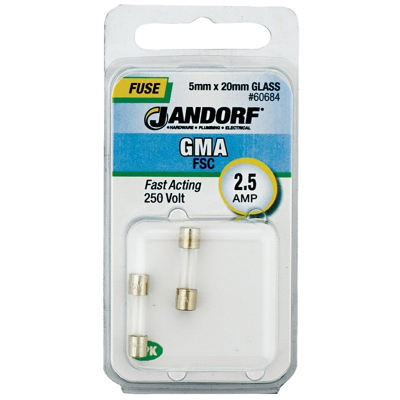 Jandorf 60684 Series Fast Acting Fuse, 0.04 Ohm, 2.5 A, 250 V, 100 A, 10 kA Interrupt, Glass Body