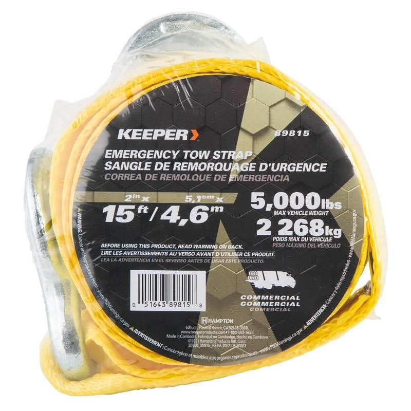 Keeper 89815 Tow Strap, 12,000 lb Rope, 5000 lb Vehicle, 2 in W, 15 ft L, Hook End, Polyester, Yellow (Pack of 5)