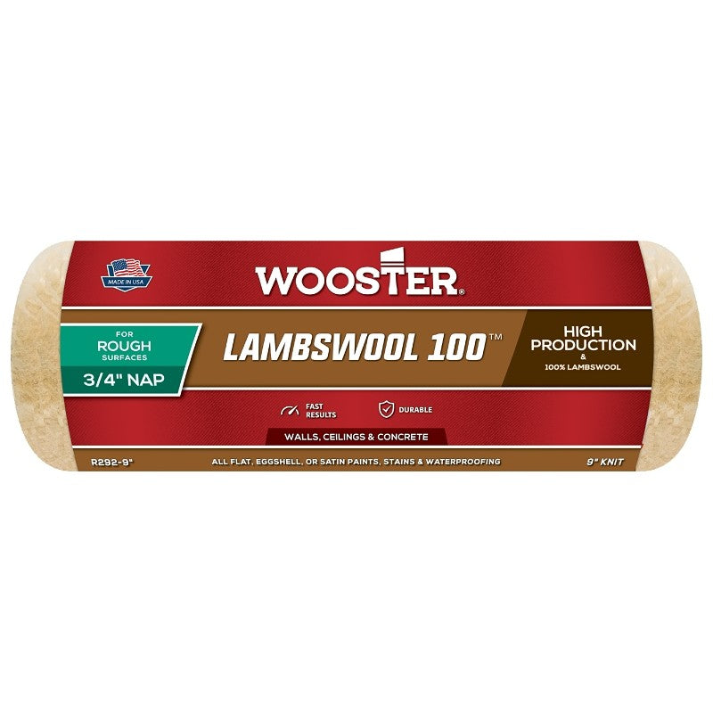 Wooster R292-9 Roller Cover, 3/4 in Thick Nap, 9 in L, Knit Lambs Wool Cover, Buff