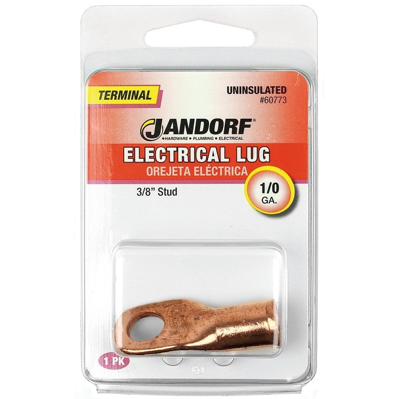 Jandorf 60773 Electrical Lug, 1/0 AWG Wire, 3/8 in Stud, Copper Contact, Brown