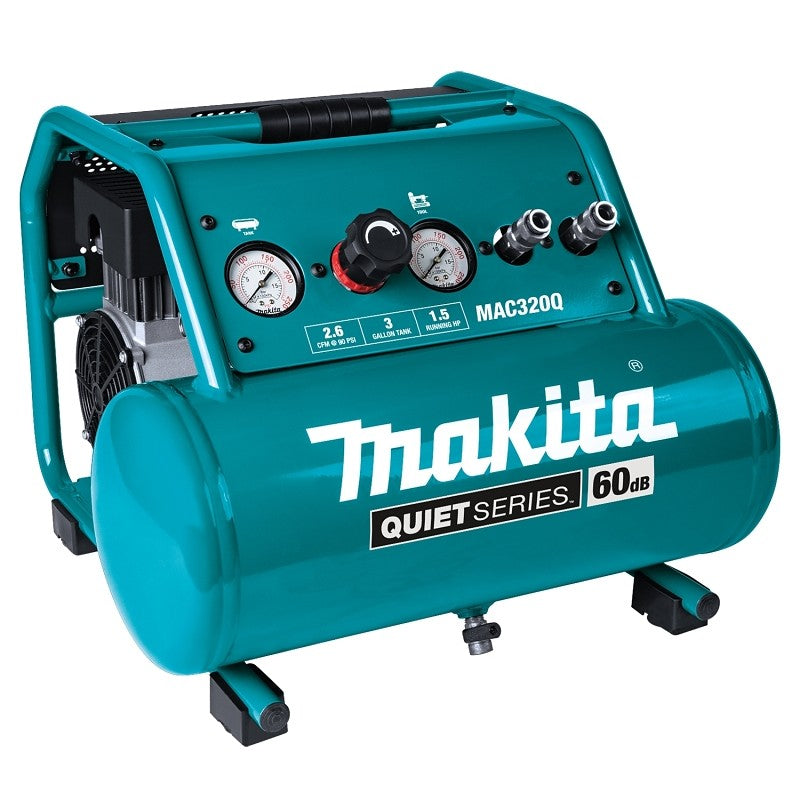 Makita QUIET Series MAC320Q Portable Electric Air Compressor, Tool Only, 3 gal Tank, 1-1/2 hp, 120 V, 135 psi Pressure
