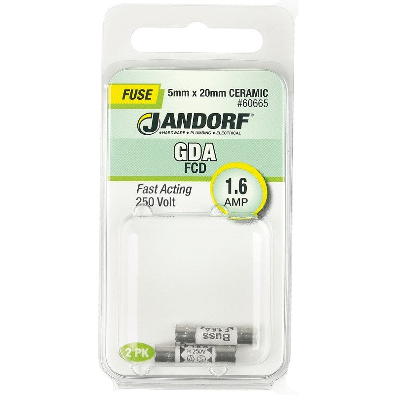 Jandorf 60665 Fast Acting Fuse, 0.11 Ohm, 1.6 A, 250 V, 1500 A Interrupt, Ceramic Body, 5 mm Dia