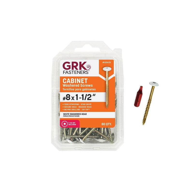 GRK Fasteners 120670 Cabinet Screw, 1-1/2 in L, Washer Head, Star Drive, Zip-Tip Point, Steel, Powder-Coated, 80 PK