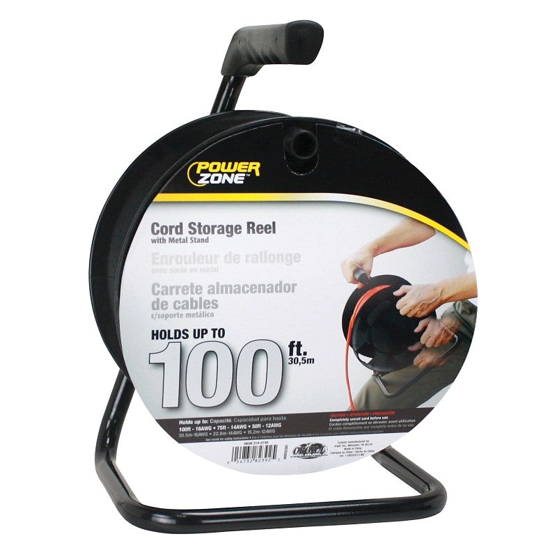 PowerZone ORCR3000 Cord Storage Reel with Stand, 100 ft L Cord, 16 AWG Wire, Black