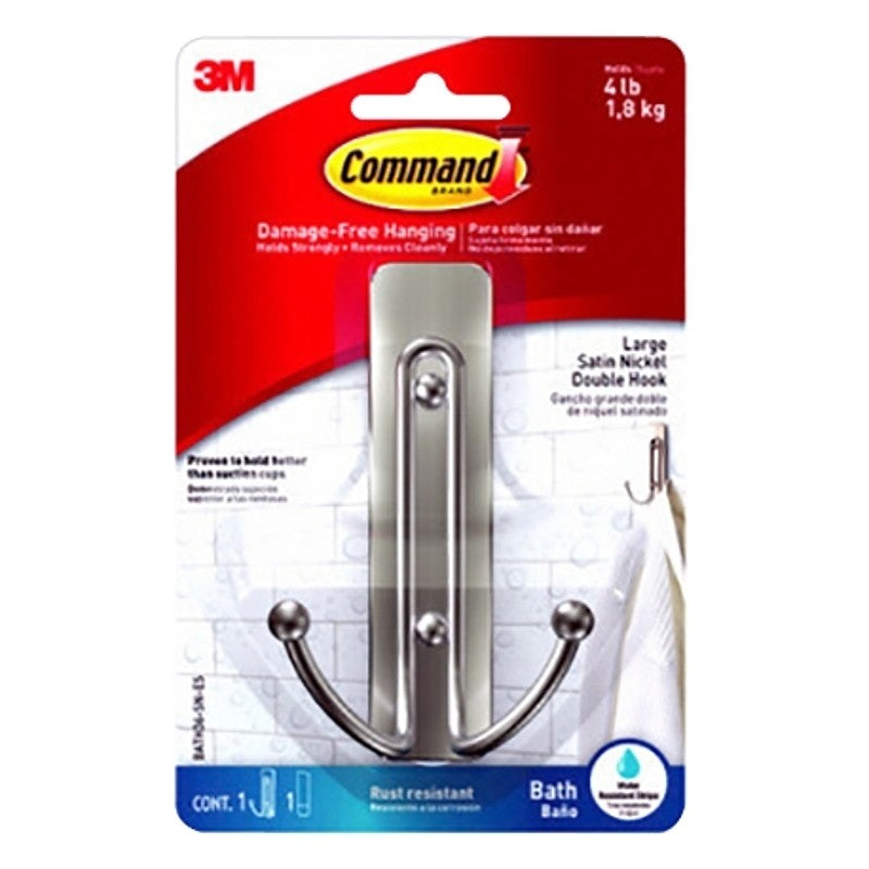 Command BATH36-SN-ES Large Double Bath Hook, 4 lb, 1-Hook, Metal/Plastic, Satin Nickel