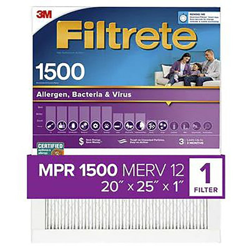 Filtrete 2003-4 Air Filter, 25 in L, 20 in W, 12 MERV, 1500 MPR, For: Air Conditioner, Furnace and HVAC System (Pack of 4)