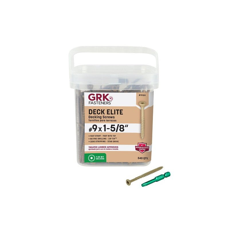 GRK Fasteners DECK ELITE 19158 Deck Screw, #9 Thread, 1-5/8 in L, Coarse, W-Cut Thread, Bugle Head, Star Drive, Steel