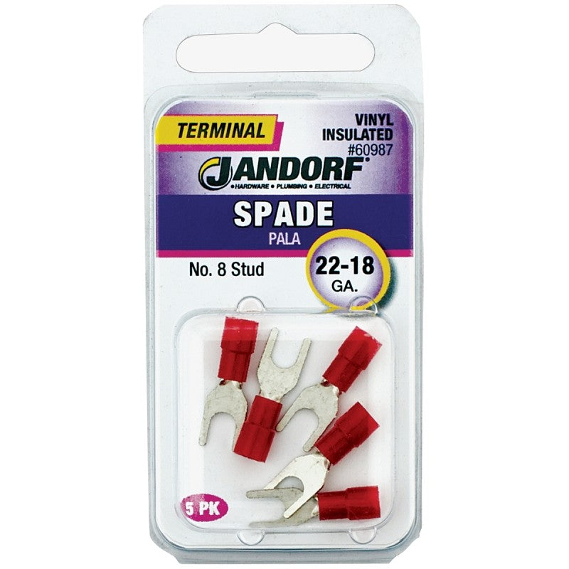 Jandorf 60987 Spade Terminal, 600 V, 22 to 18 AWG Wire, #8 Stud, Vinyl Insulation, Copper Contact, Red, 5/PK
