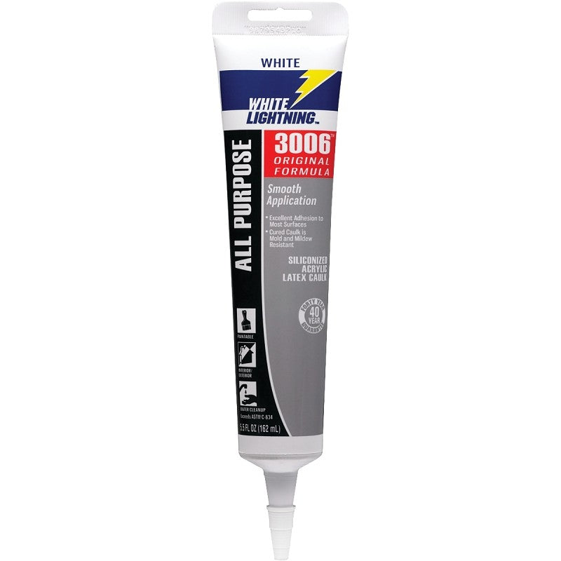 White Lightning W12AF0005 Caulk, White, -30 to 180 deg F, 5.5 fl-oz, Cartridge