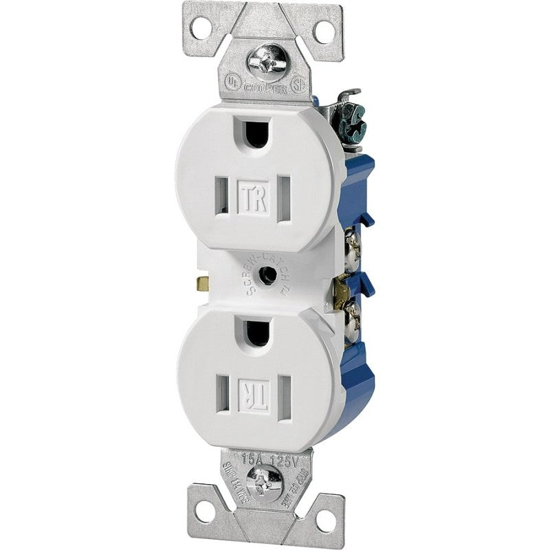Eaton Wiring Devices TR270W Duplex Receptacle, 2 -Pole, 15 A, 125 V, Push, Side Wiring, NEMA: 5-15R, White