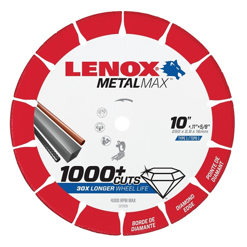 Lenox MetalMax 1972926 Cut-Off Wheel, 10 in Dia, 0.1 in Thick, 5/8 in Arbor, 25, 30 Grit, Diamond Abrasive