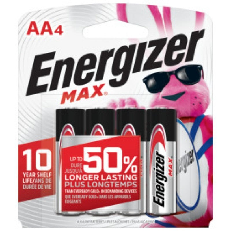 Energizer E91 Series E91BP-4 Battery, 2850 mAh, AA Battery, Alkaline, Manganese Dioxide, Zinc, Silver, 4/PK