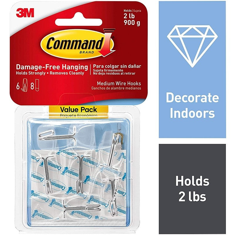 3M 17065CLR-6ES Wire Toggle Hook Value Pack, 2 lb, 6-Hook, Plastic, Clear