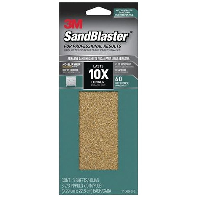 3M SandBlaster Series 11060-G-6 Sandpaper, 9 in L, 3-2/3 in W, 60 Grit, Coarse, Synthetic Mineral Abrasive