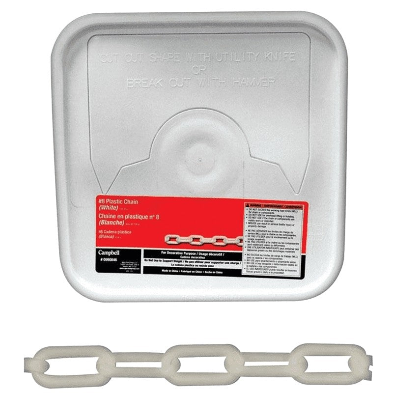 Campbell 099-0846 Decorator Chain, White, 0.4 in W Inside Link, #8, 138 ft L, Plastic