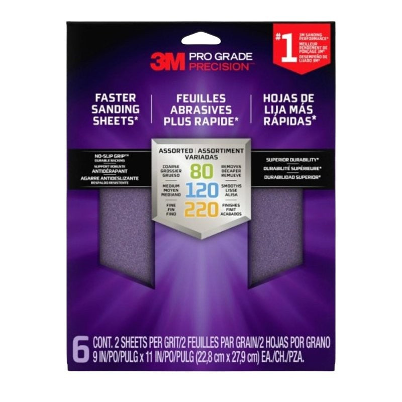 Pro Grade Precision SHRASST-PGP-6T Sanding Sheet, 9 in L, 11 in W, Multi-Grade, Assorted Grit, Ceramic Alumina Abrasive