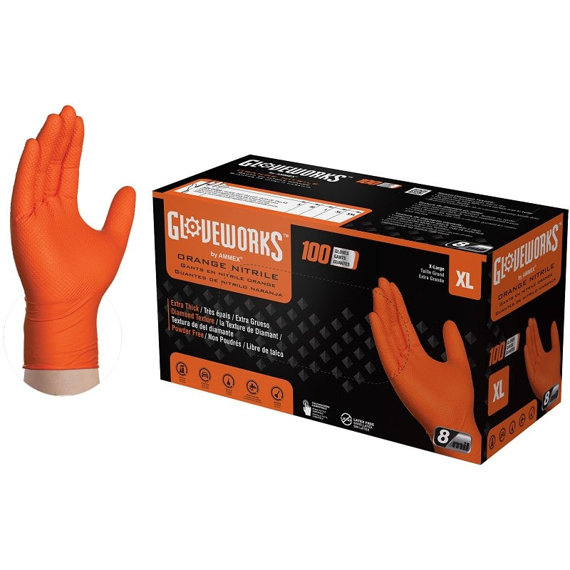 Gloveworks GWON48100 Heavy-Duty Disposable Gloves, XL, Nitrile, Powder-Free, Orange, 9-1/2 in L
