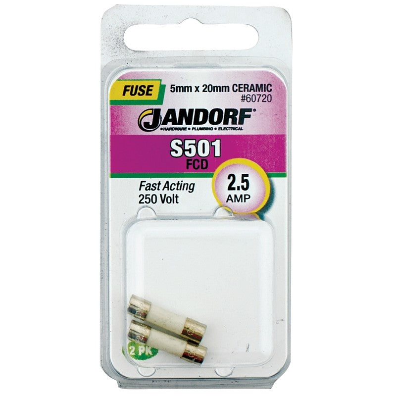 Jandorf 60720 Fast Acting Fuse, 0.05 Ohm, 2.5 A, 250 V, 1500 A Interrupt, Ceramic Body, 5 mm Dia