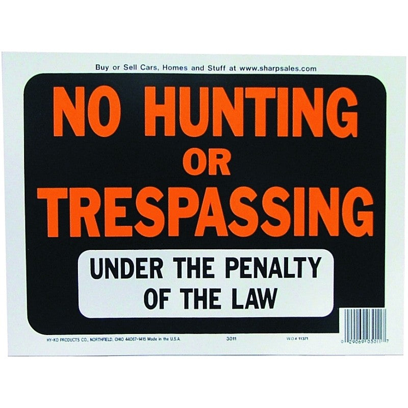 Hy-Ko Hy-Glo Series 3011 Identification Sign, No Hunting/Trespassing, Fluorescent Orange Legend, Plastic (Pack of 10)