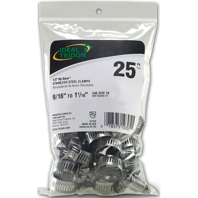 Ideal-Tridon Hy-Gear 67-6 Series 6710550 Worm Gear Hose Clamp, #10, 1/2 to 1-1/16 in, Stainless Steel